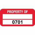 Lustre-Cal PROPERTY OF Label, Polyester Dark Red 1.50in x 0.75in  1 Blank Pad & Serialized 0701-0800, 100PK 253772Pe2Rd0701